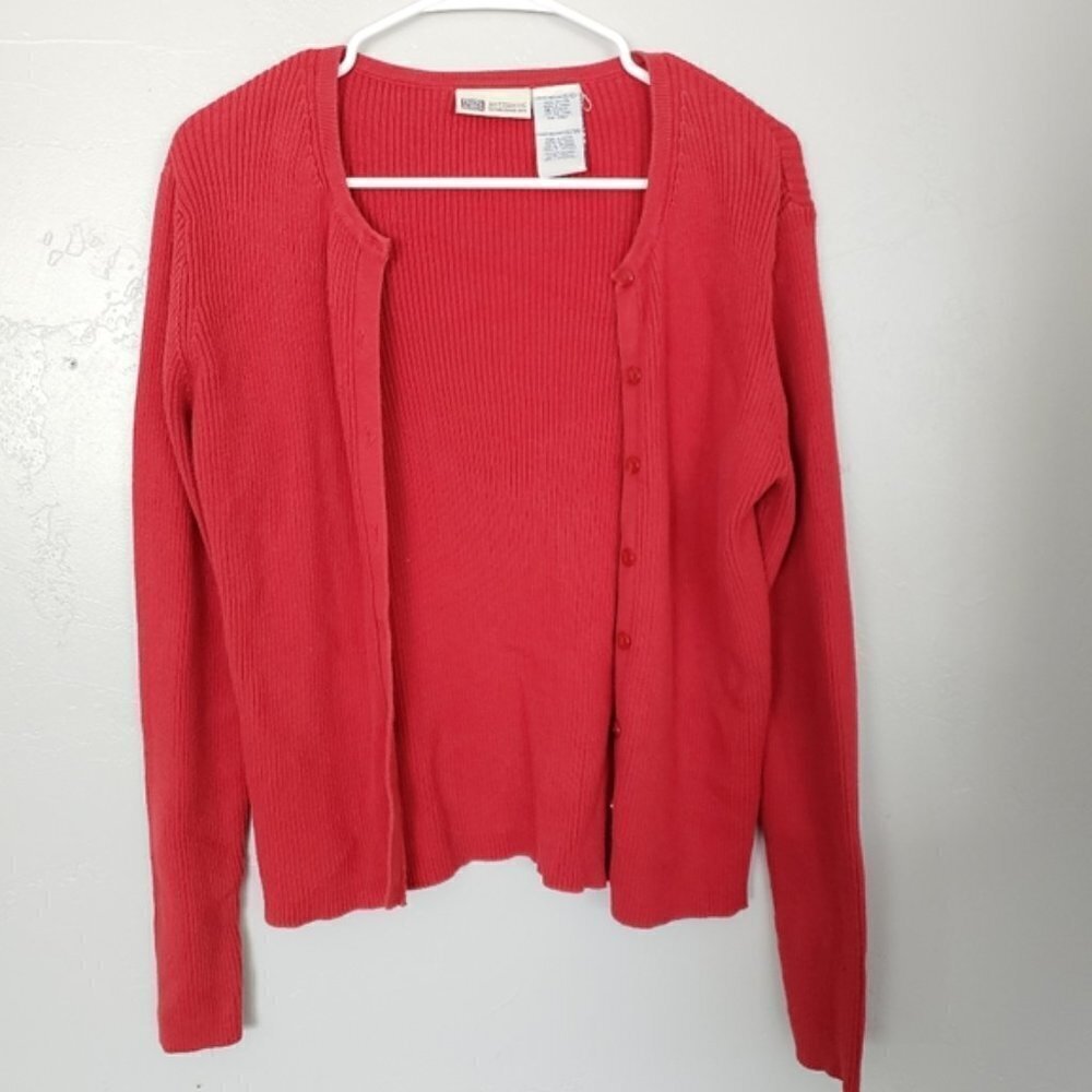 Faded Glory Vintage Medium Red Orange Long Sleeve Button Ribbed Knit Cardigan